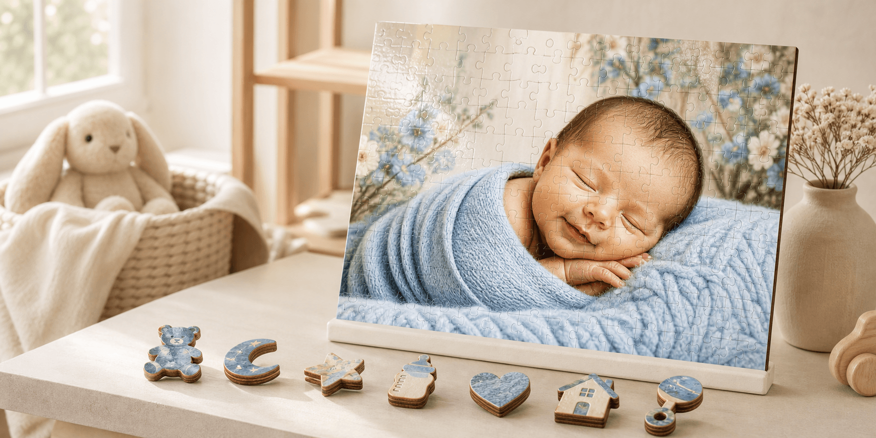 Glossy newborn portrait puzzle with baby-themed hardwood whimsy pieces