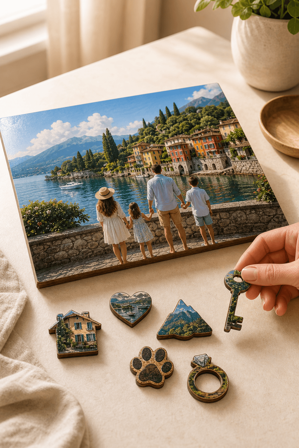 Custom wooden jigsaw puzzle with house, heart, mountain, key, and pet-shaped whimsy pieces