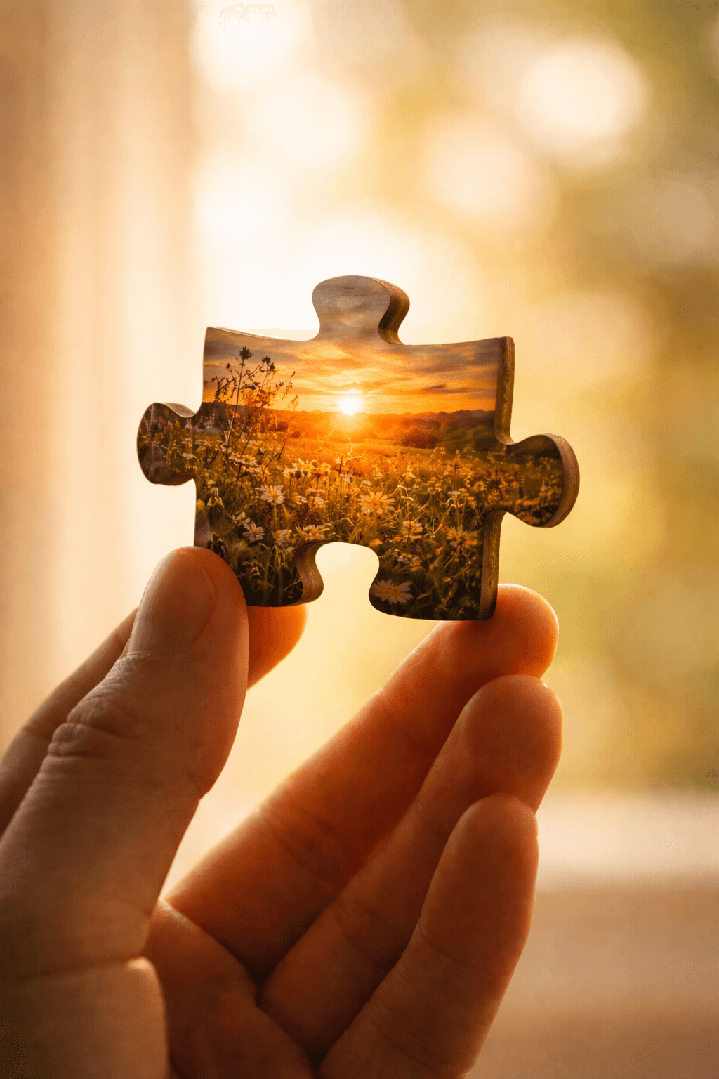 A wooden puzzle piece held in warm light