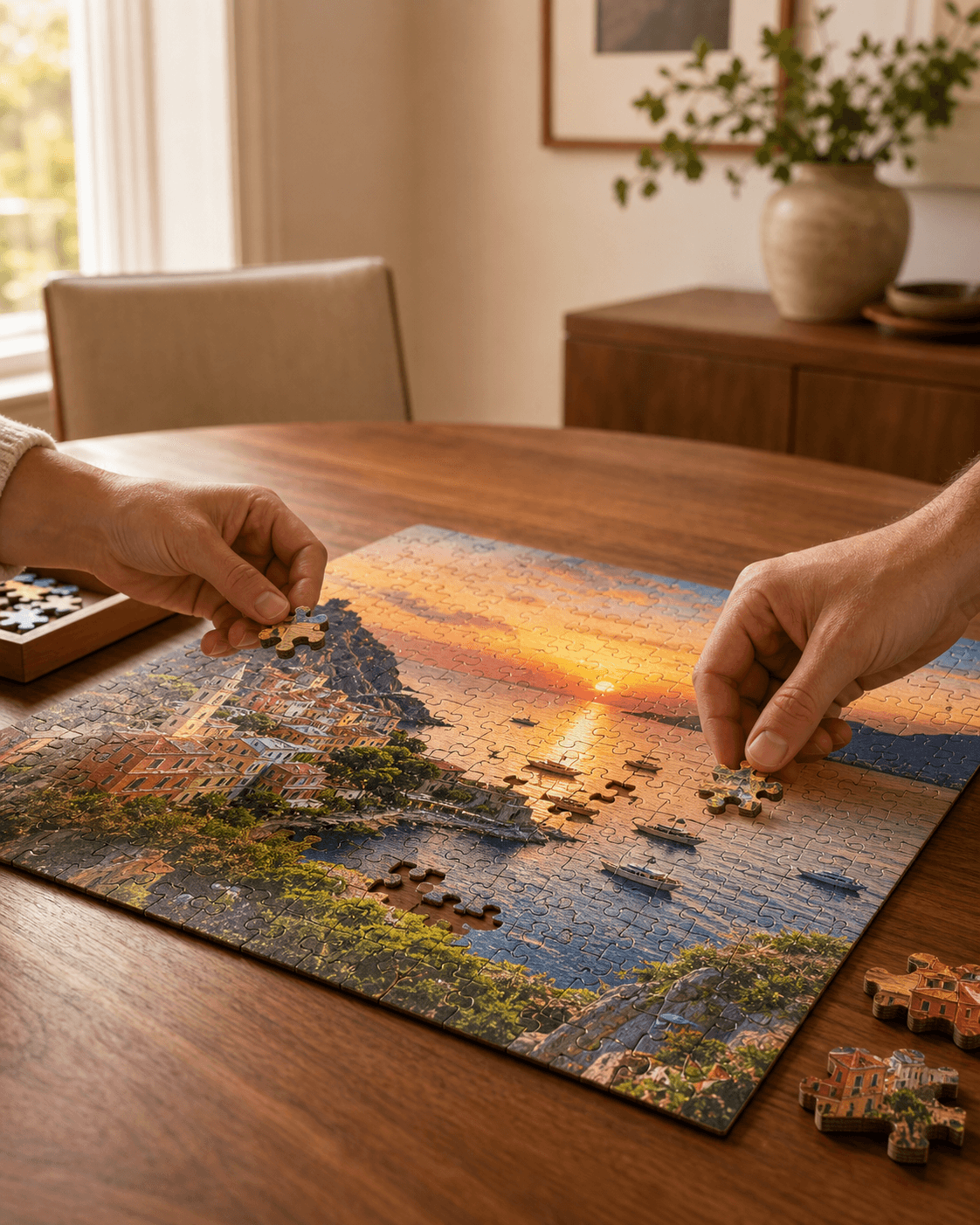 Hands building a vivid travel memory puzzle on a table