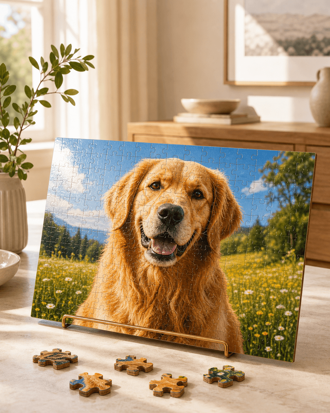 Glossy golden retriever portrait puzzle displayed on a light console