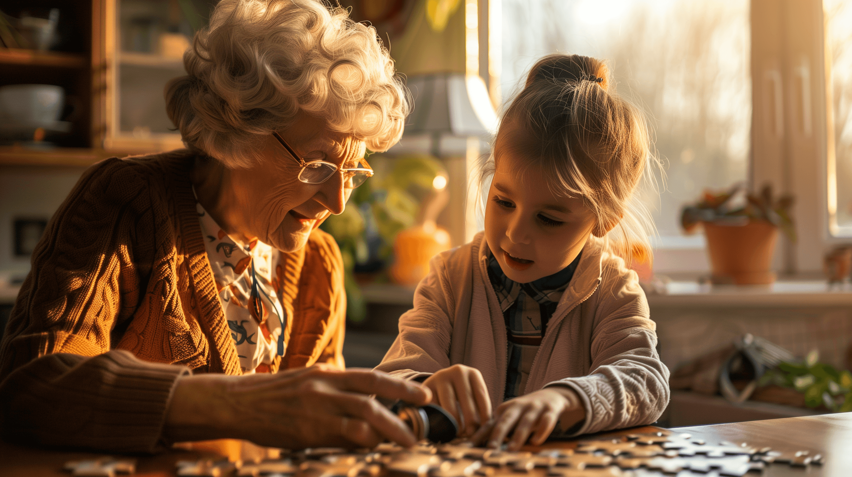 Grandmother and grandchild sharing a Whittled wooden puzzle together