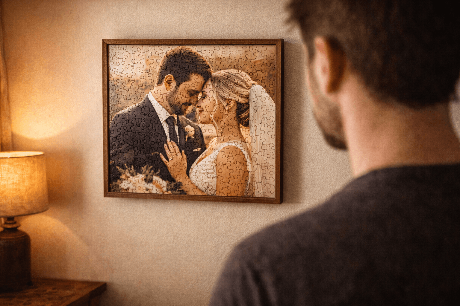 Custom wooden wedding puzzle framed and displayed as a keepsake